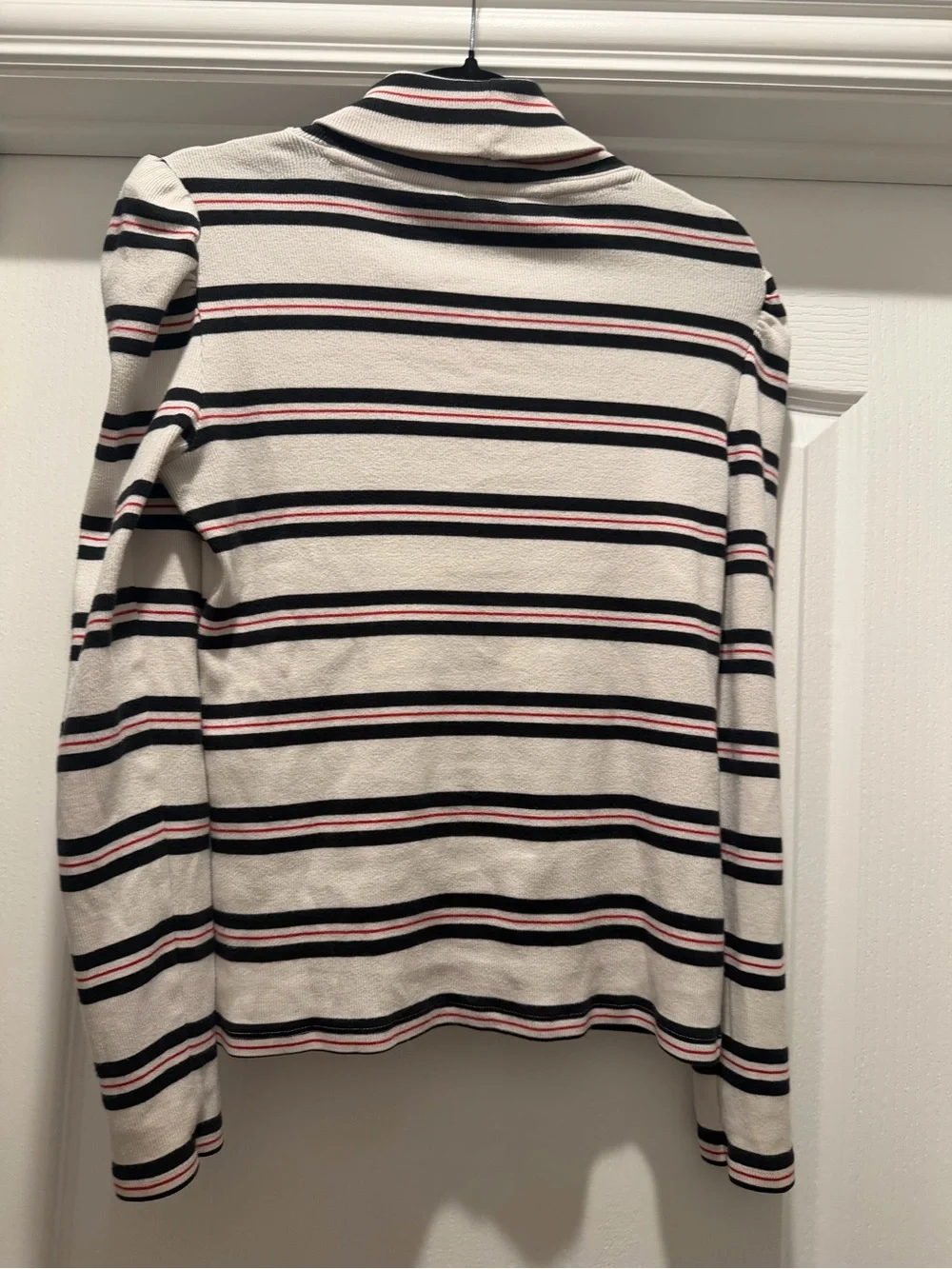 Veronica Beard Striped Puff Sleeve Turtleneck Sweater Ivory Black Red - Medium